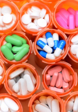 Pill bottles with various prescription drugs